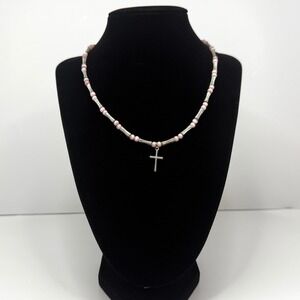 Pink Glass Beaded Cross Charm Pendant Necklace Silver Tone Fashion Jewelry 8 in